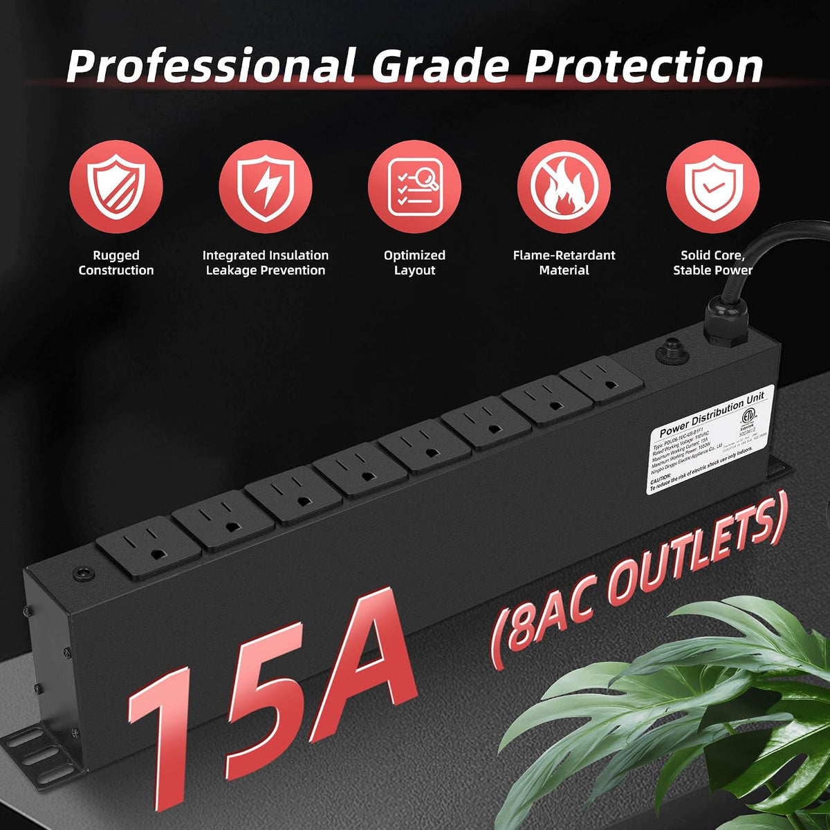 8 Outlet PDU Rack Mount Power Strip with Surge Protector, 1U Rackmount,Wide-Spaced Sockets, for Network Server Racks