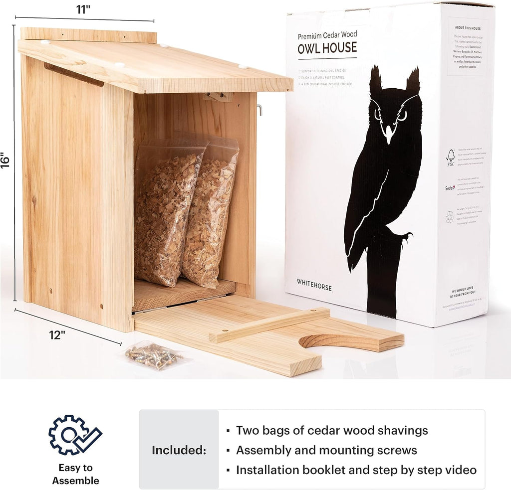 Large Cedar Owl House - Premium and Weatherproof Design - 16" x 12" x 11" - A Nesting Box for Screech Owls, Boreal