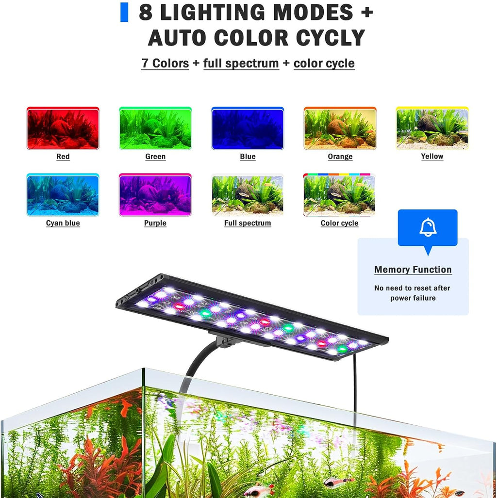 Clip On Aquarium Light, 24/7 & DIY Mode Full Spectrum Fish Tank Light | Adjustable Timer & Brightness, Memory