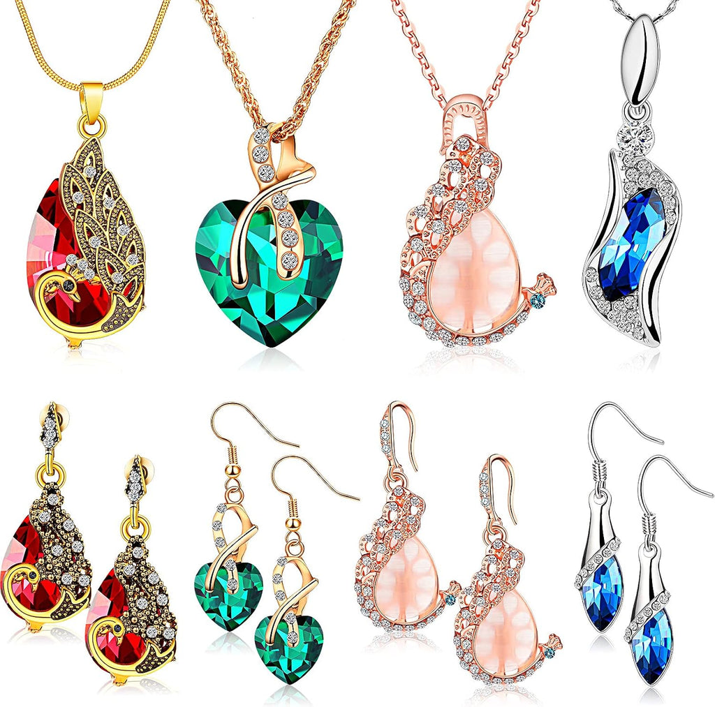 4 Set Peacock Jewelry Sets for Women Crystal Necklace Earrings Rhinestone Waterdrop Pendant Heart Charm Hook Earrings