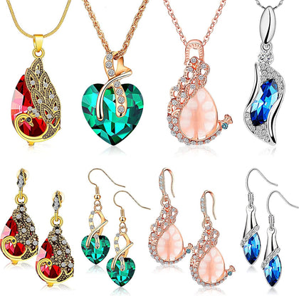 4 Set Peacock Jewelry Sets for Women Crystal Necklace Earrings Rhinestone Waterdrop Pendant Heart Charm Hook Earrings
