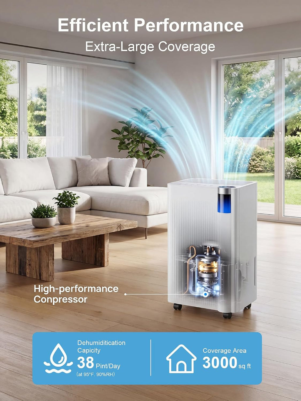 3000 Sq. ft Basement Dehumidifiers for Home with Drain Hose | Portable, Large Quiet Dehumidifier for Bedroom Dorm