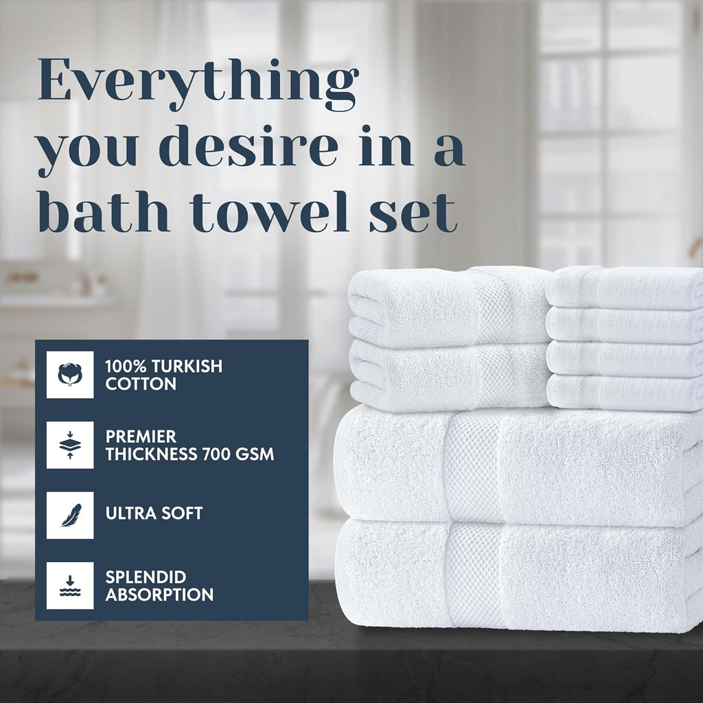 Luxury White Bath Towel Set of 8 Pieces - 100% Turkish Cotton 700 GSM Highly Absorbent Towels for Bathroom, 2 Bath