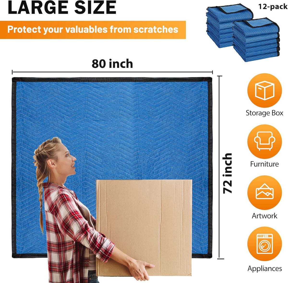 12 Moving Packing Blankets 80 x 72 Inches (35 lb/dz) Heavy Duty Moving Pads for Protecting Furniture Professional