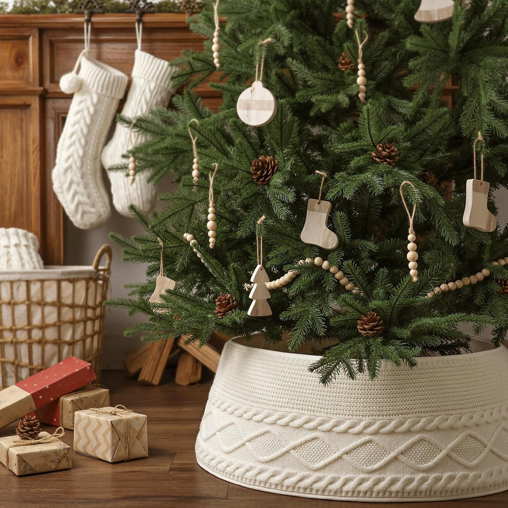 Knitted Christmas Tree Collar: Cream Crossed Diamond Edge Chunky Cable Knit Christmas Tree Collars for Artificial