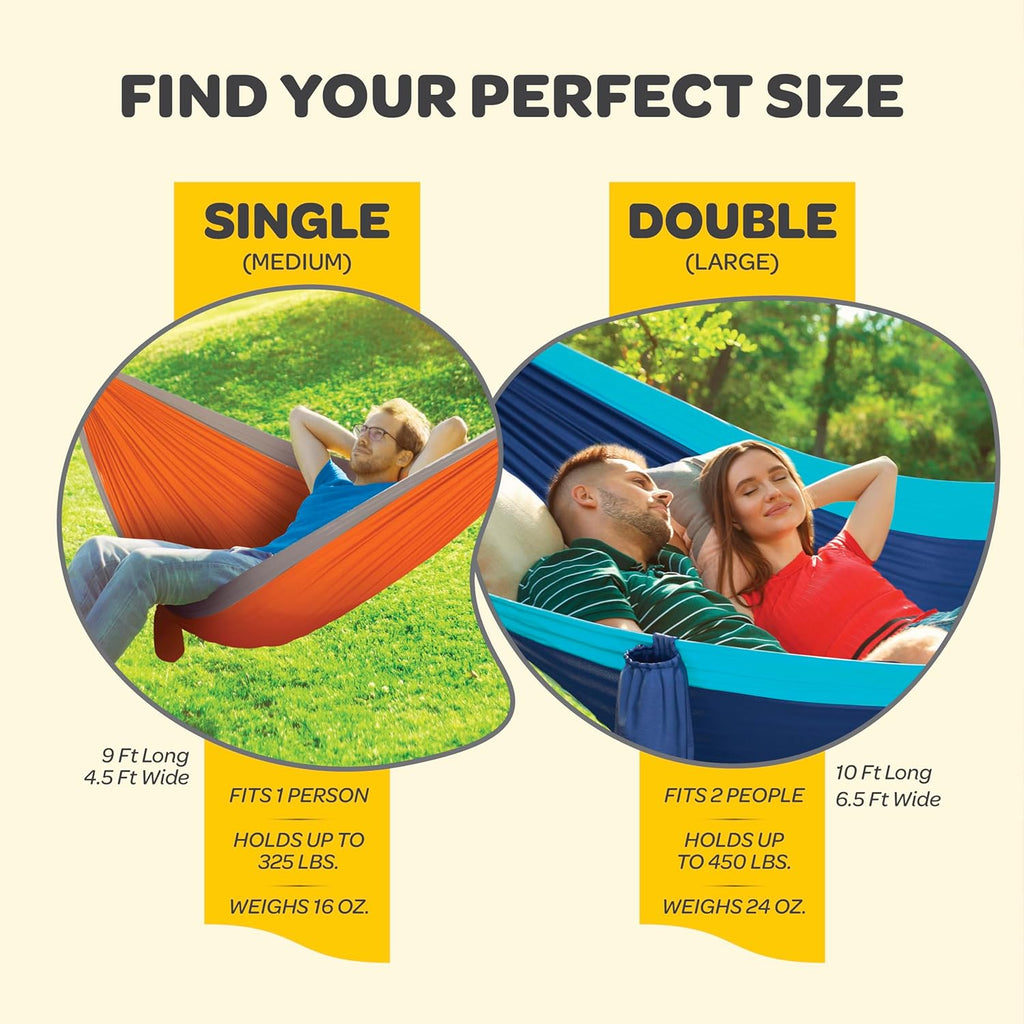 Durable Hammock 400 lb Capacity, Nylon Camping Hammock Chair - Double or Single Sizes w/Tree Straps and Attached
