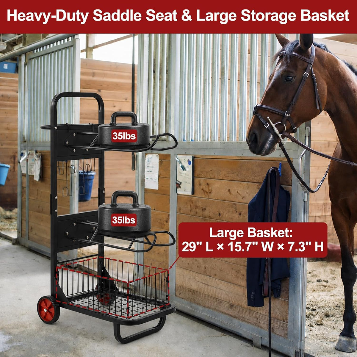 Saddle Rack Cart, Portable Saddle Stand with Wheels, 3 Tier Heavy Duty Horse Equipment Cart with Removable Saddles