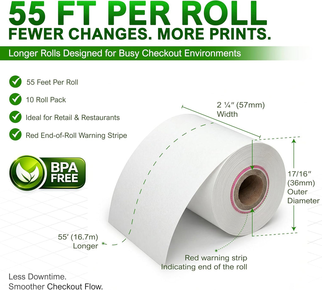 Clover Flex Paper Rolls 2 1/4" x 55’ Thermal Receipt Paper – 20 Rolls Pack - BPA Free POS Printer & Credit Card