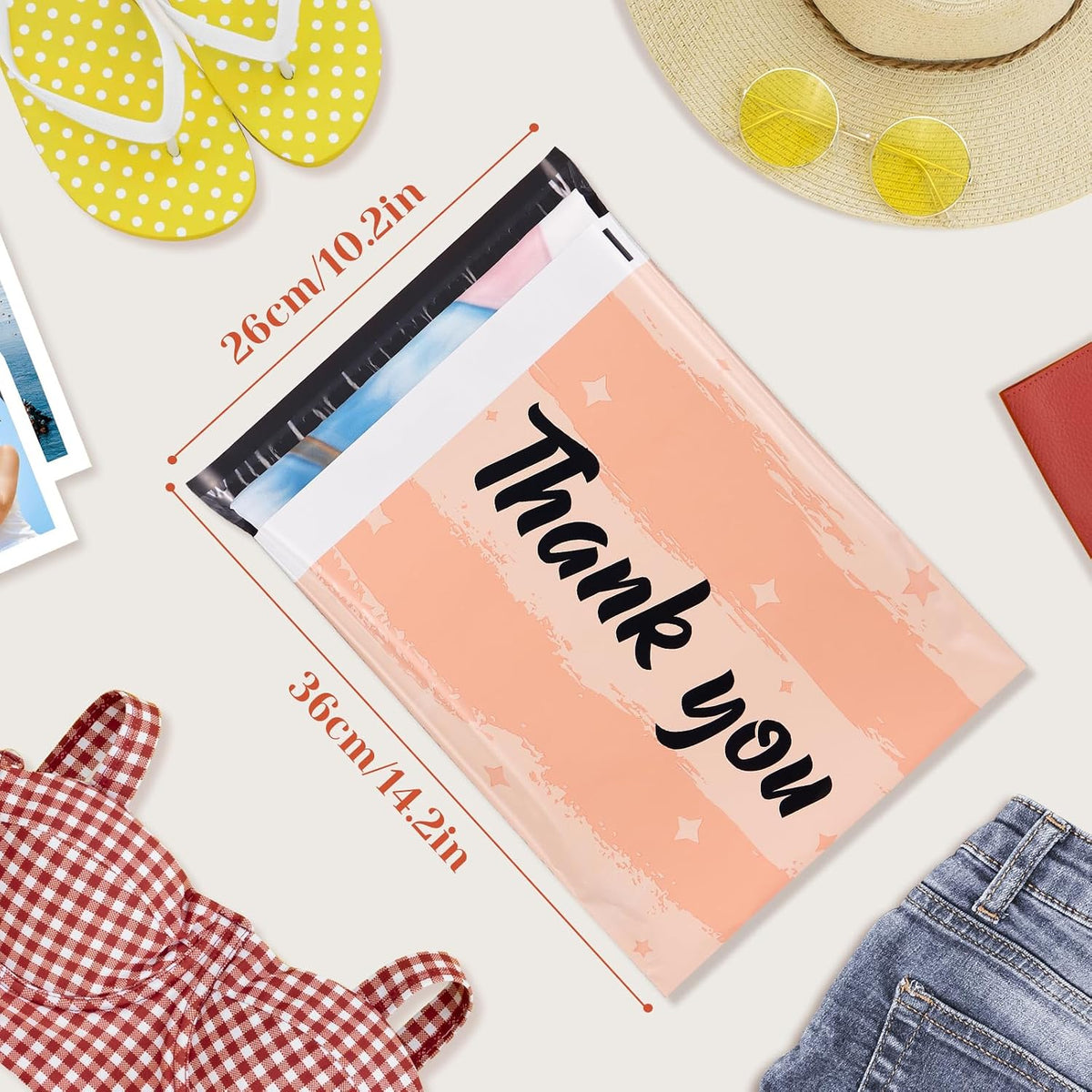 10x13 Inch Poly Mailers, Peach Pink Thank You, 100 Pack Self Sealing