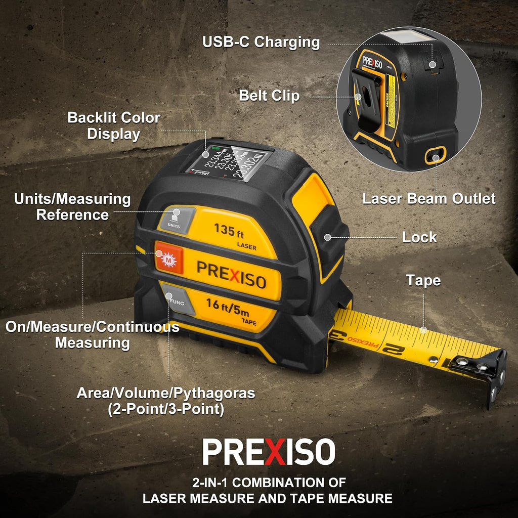 2-in-1 Laser Tape Measure, 135Ft Rechargeable Measurement Tool & 16Ft Measuring Movable Magnetic Hook - Pythagorean