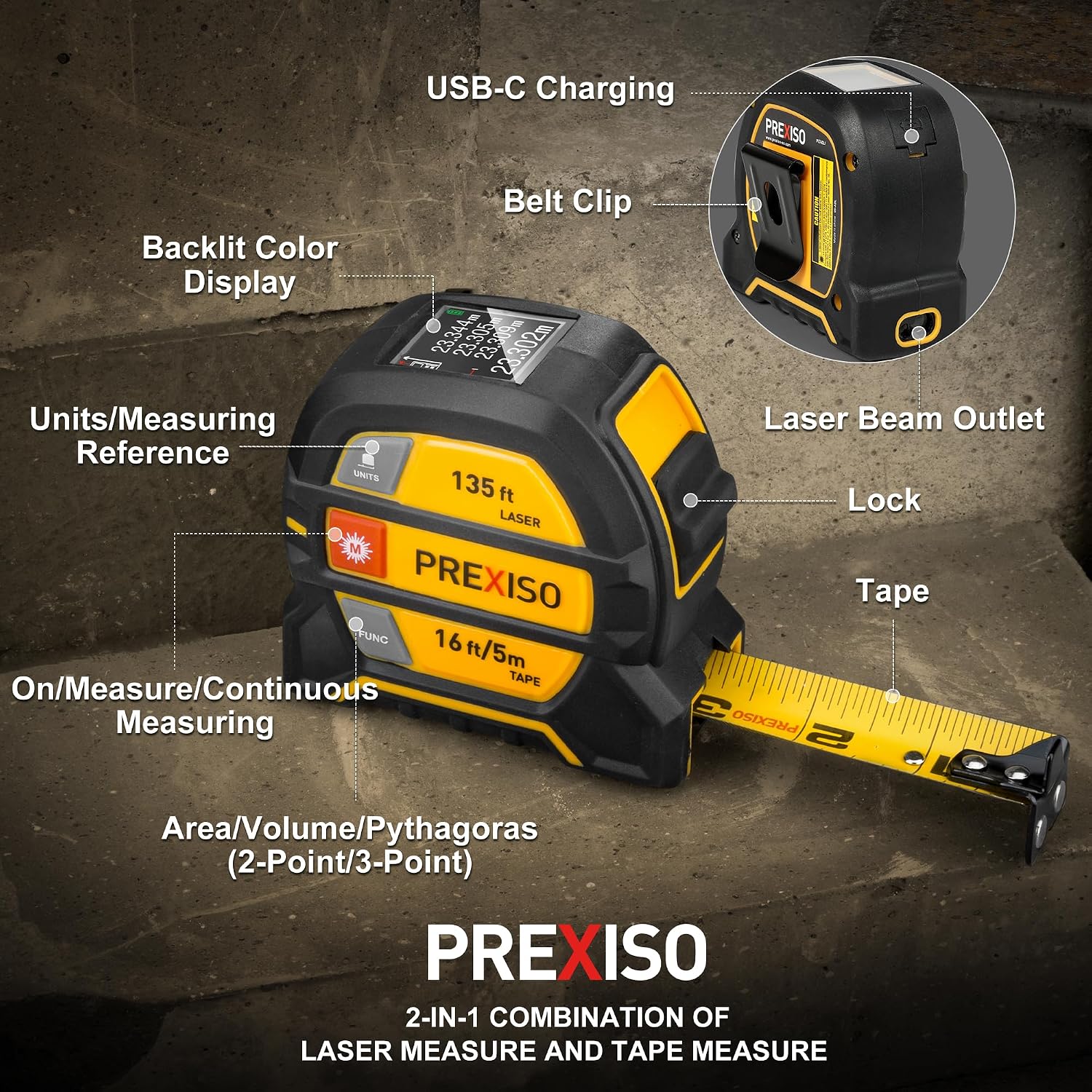 2-in-1 Laser Tape Measure, 135Ft Rechargeable Measurement Tool & 16Ft Measuring Movable Magnetic Hook - Pythagorean