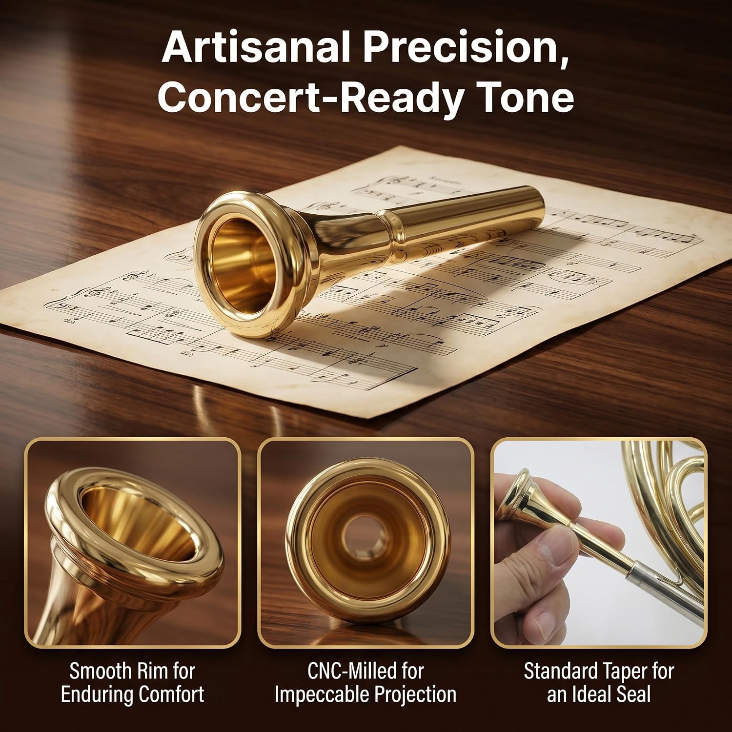Gold Standard French Horn Mouthpiece for Most French Horns | standard bore size, brass wind instrument fit, student