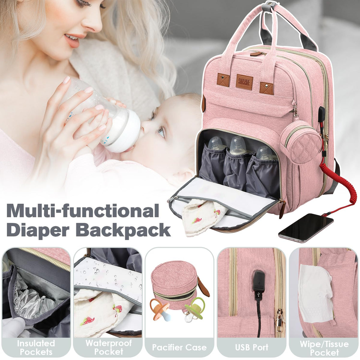 Large Diaper Bag Backpack with Changing Station, Pink
