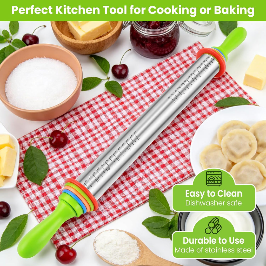 Stainless Steel Dough Roller Pins with Handle for Baking, Adjustable Rolling Pin with Thickness Rings for Cookie