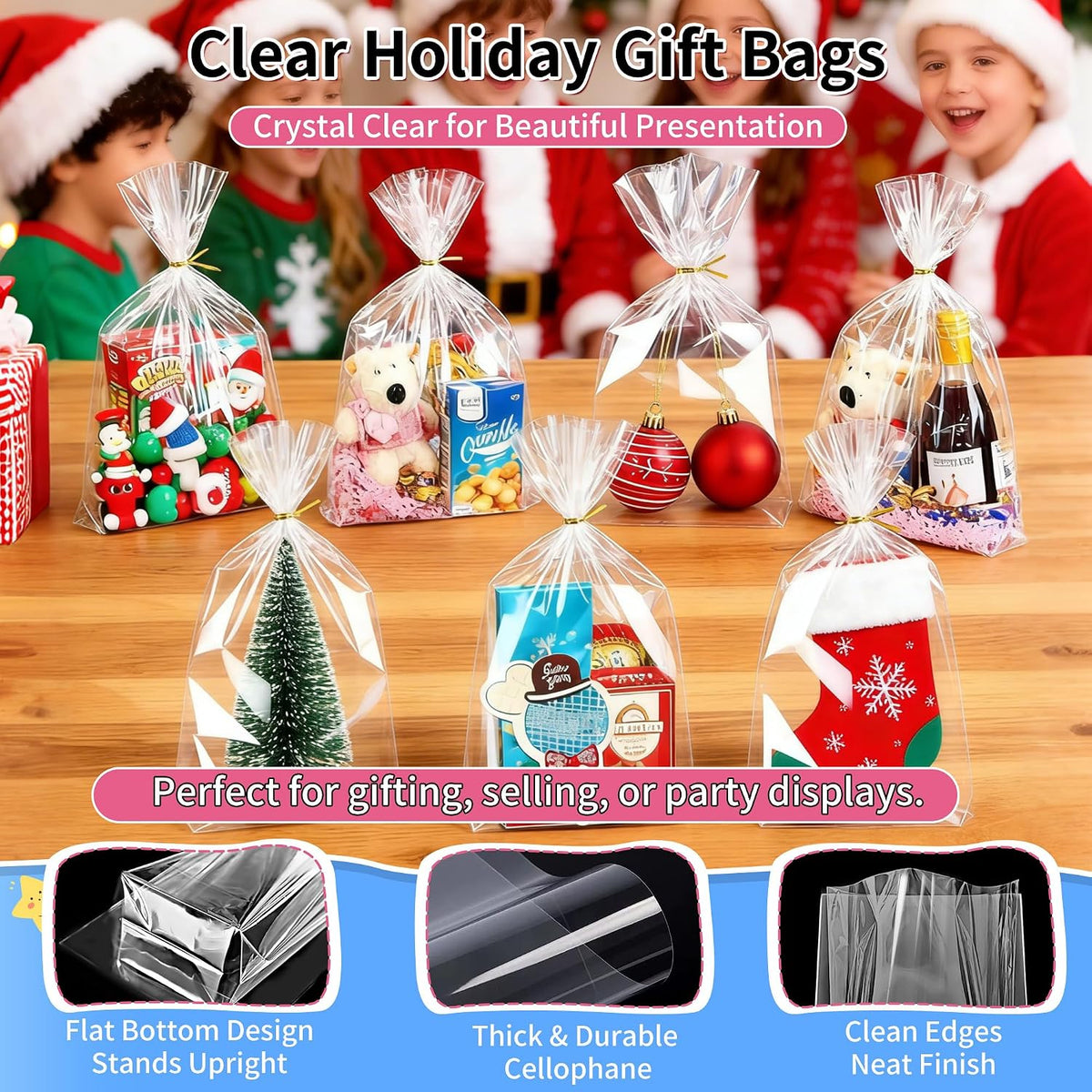 Clear Wine Bottle Gift Bags 8x16 Inch, 50 Pack Cellophane Bags