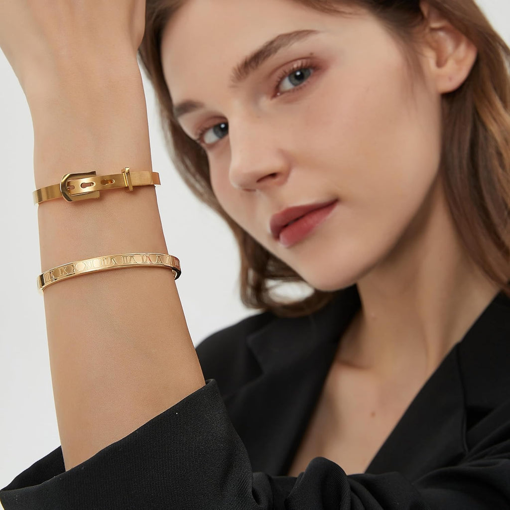 Gold Silver Plated Bracelets for Men Women Roman Numeral Bangle Bracelet Stainless Steel Personalized Engraved Unisex