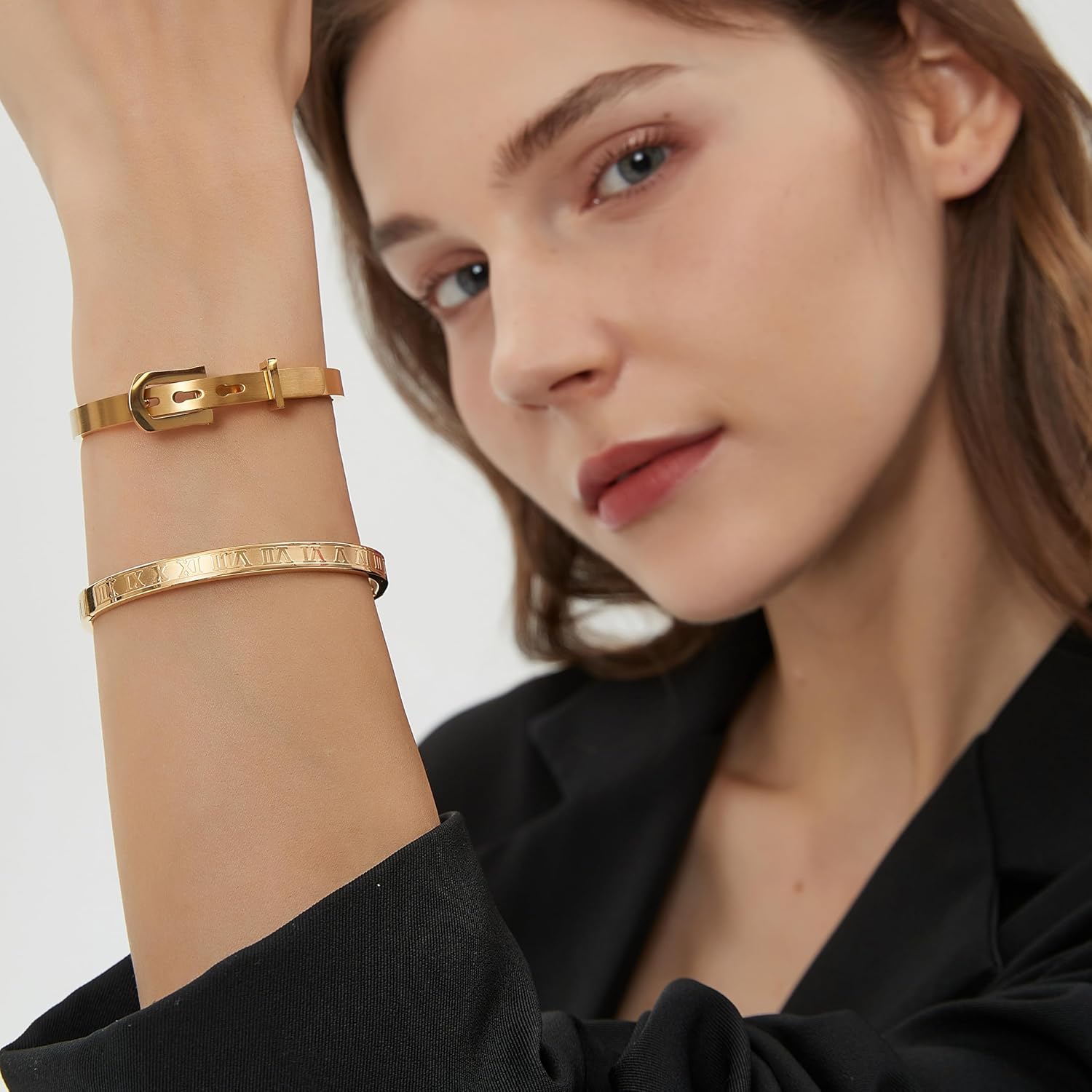 Gold Silver Plated Bracelets for Men Women Roman Numeral Bangle Bracelet Stainless Steel Personalized Engraved Unisex