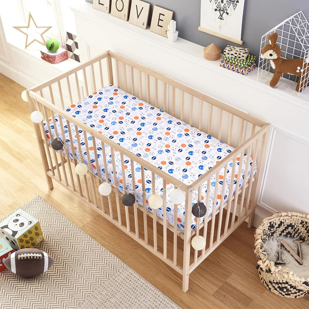 Crib Sheet - 1 Pack Sports Theme Nursery Bedding Sheet - Footballs Printed Standard Size Infant Bed Sheet Basketball