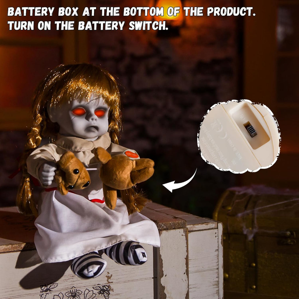 Halloween Animatronic 10inch Creepy Girl Doll, Halloween Animated Decorations with Sound Activated Spooky Sound