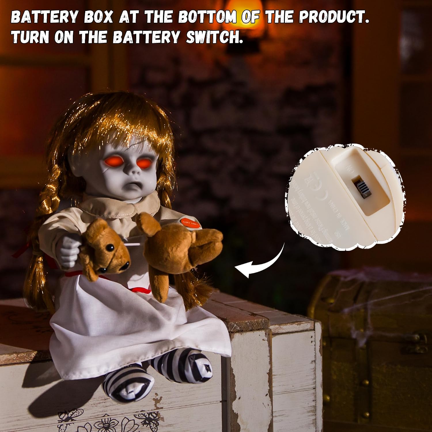 Halloween Animatronic 10inch Creepy Girl Doll, Halloween Animated Decorations with Sound Activated Spooky Sound