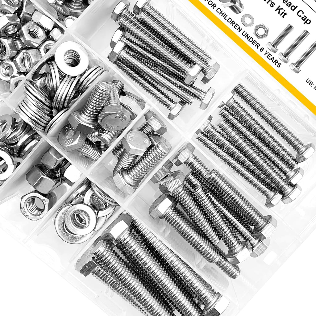 254Pcs Nuts and Bolts, 1/4 20 5/16 18 3/8 16 Bolt, Heavy Duty 304 Stainless Steel Bolts and Nuts Kit with Flat Spring