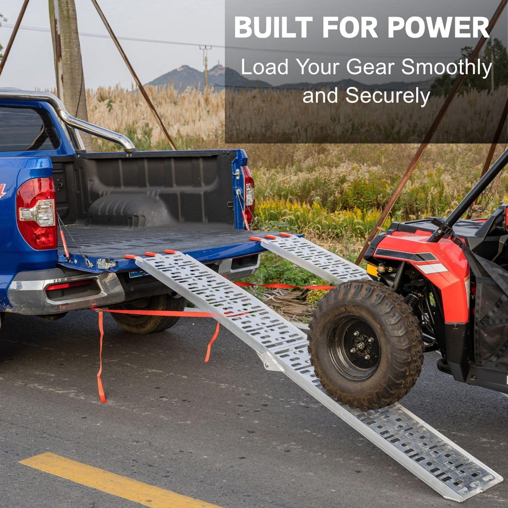 ATV Ramps for Pickup Trucks 2pc, 7.5 ft Folding Aluminum Truck Ramps, Punch Plate Traction, Rubber-Tipped Fingers