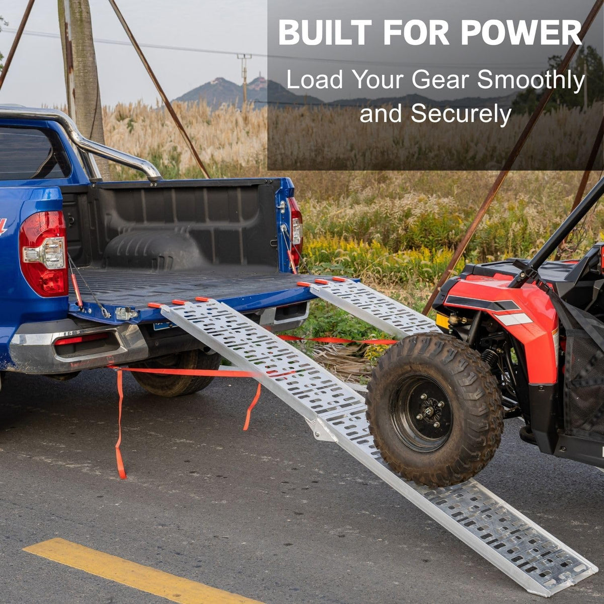 ATV Ramps for Pickup Trucks 2pc, 7.5 ft Folding Aluminum Truck Ramps, Punch Plate Traction, Rubber-Tipped Fingers