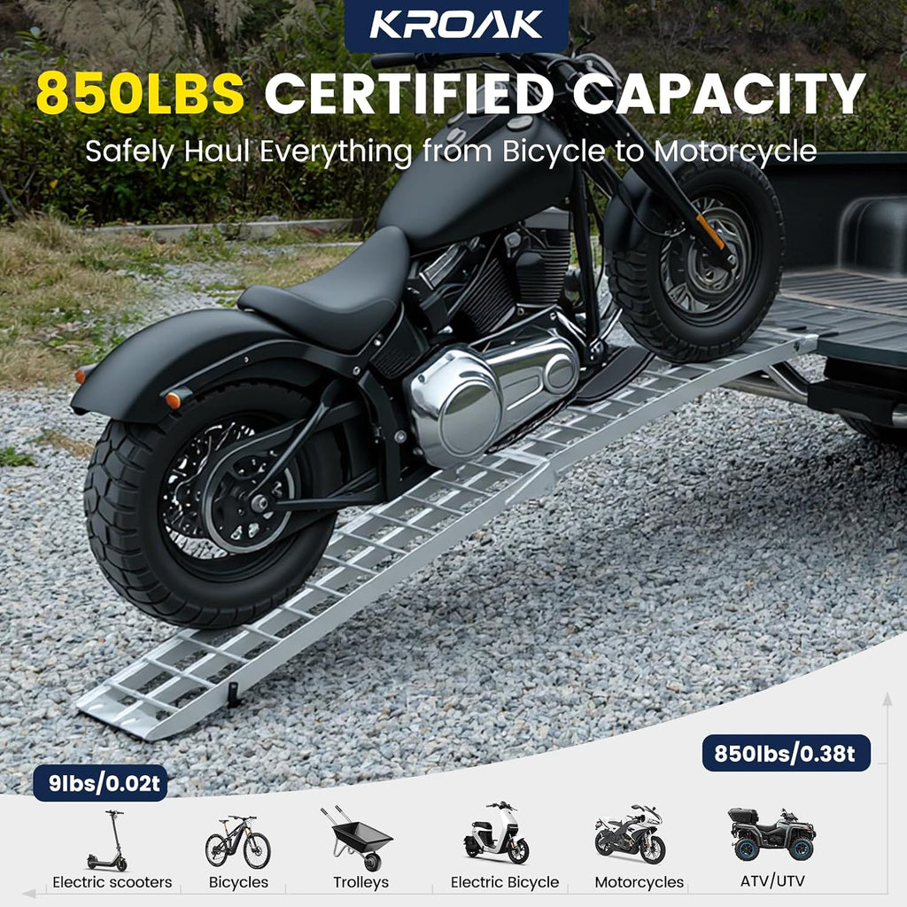 7.5FT Aluminum Loading Ramp, 850 lbs Capacity, Folding Ramp for Pickup Truck & Trailer with Load Straps, for Loading