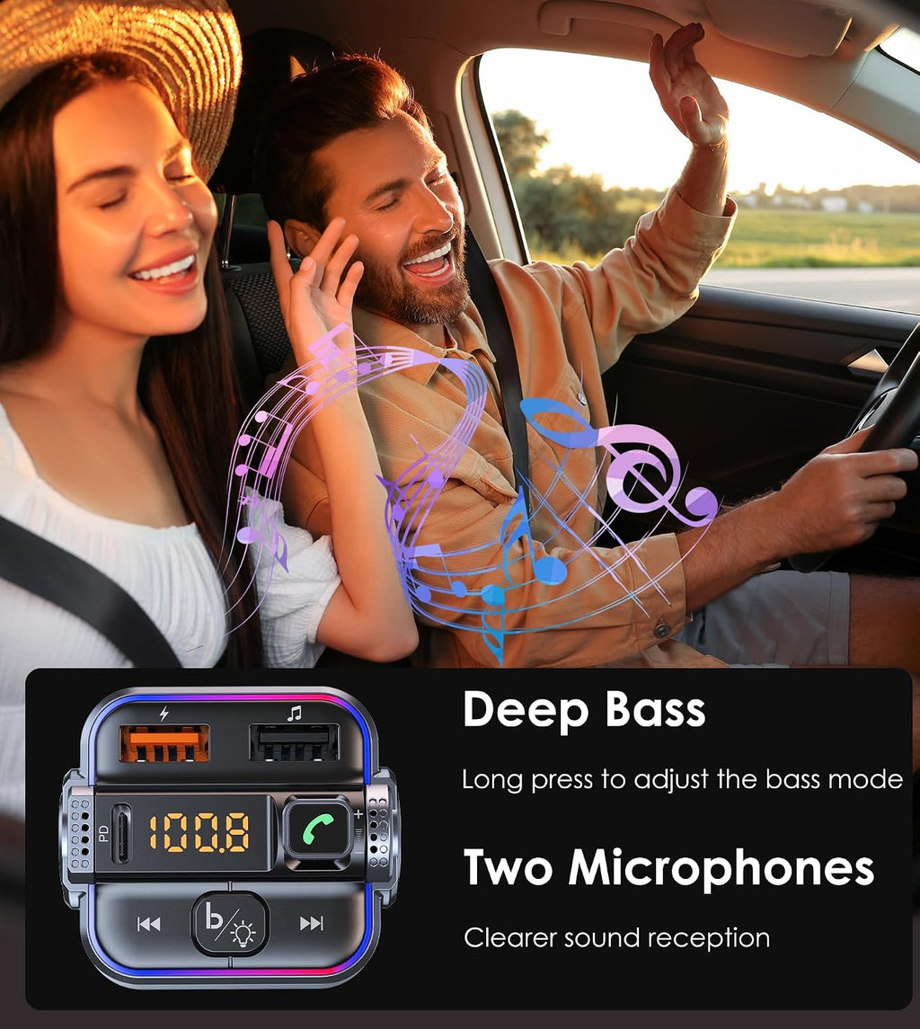 Bluetooth FM Transmitter for Car PD 30W & QC3.0 Fast Charging | Dual Mics Hands-Free Calling, Bluetooth Car Radio