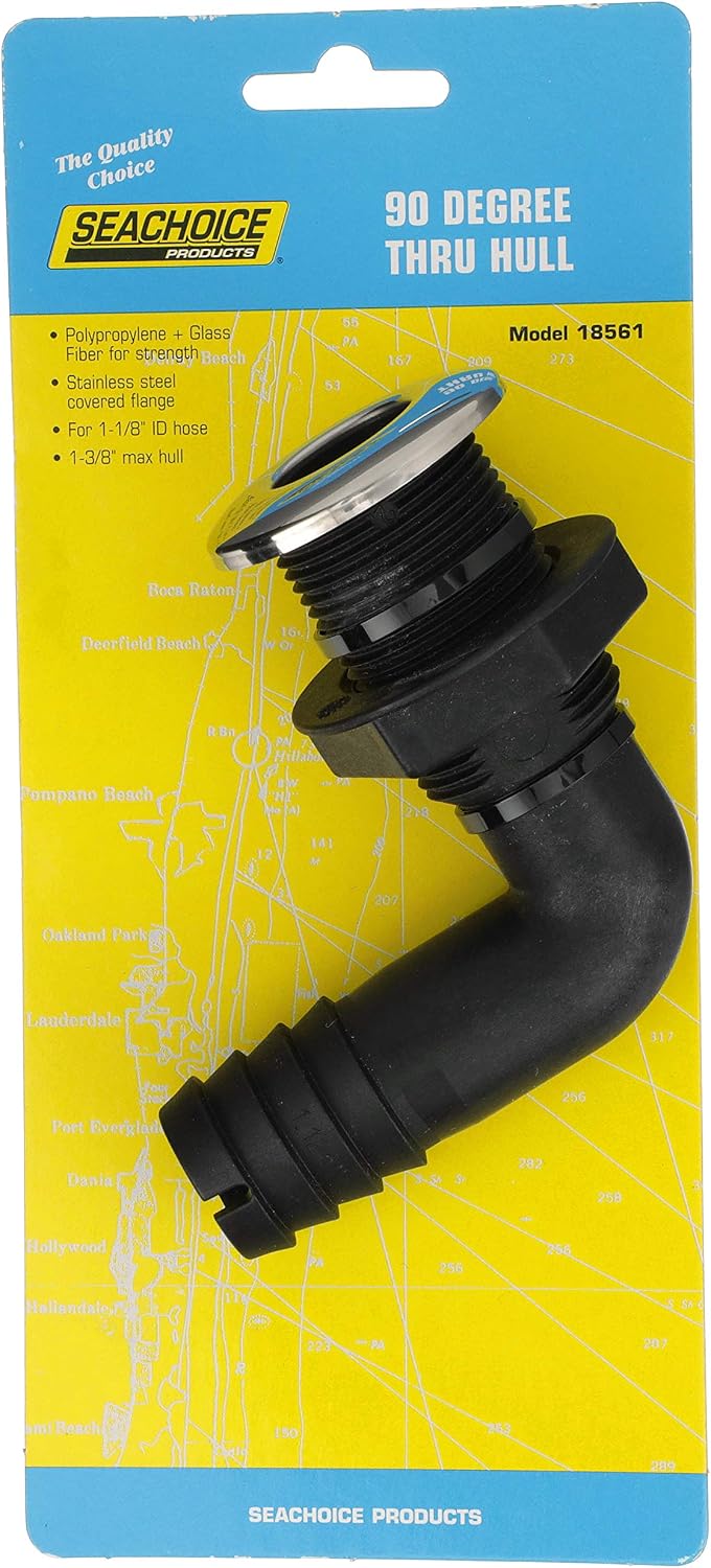 Seachoice 90-Degree Thru-Hull Connector, Fits 1-1/8 in. ID Hose, 1-3/8 in. Max Hull,White