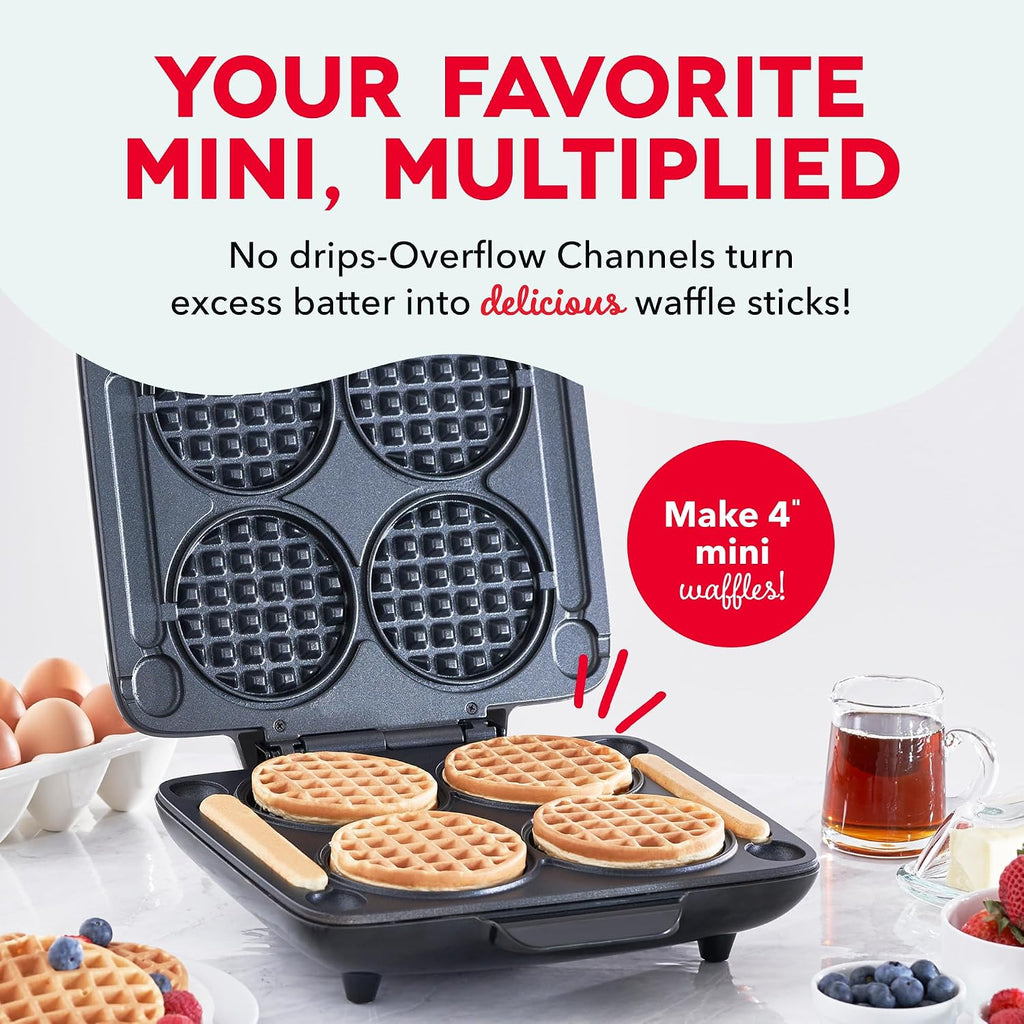 Multi Mini Waffle Maker, Makes 4 Waffles at Once, Graphite | Small Waffle Iron for Families, Kids Breakfast