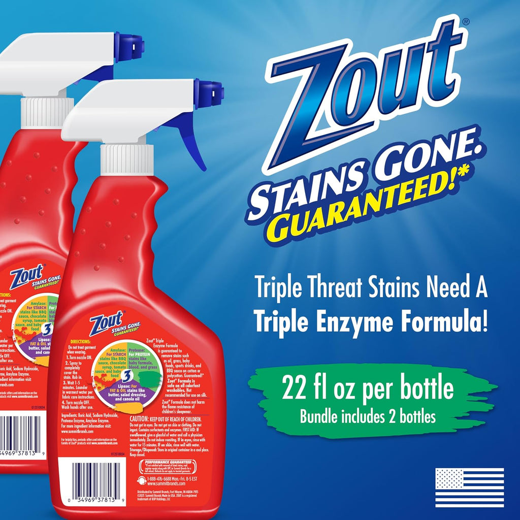 Laundry Stain Remover Spray, Triple Enzyme Formula, 22 Ounce Bottles, 2-Pack