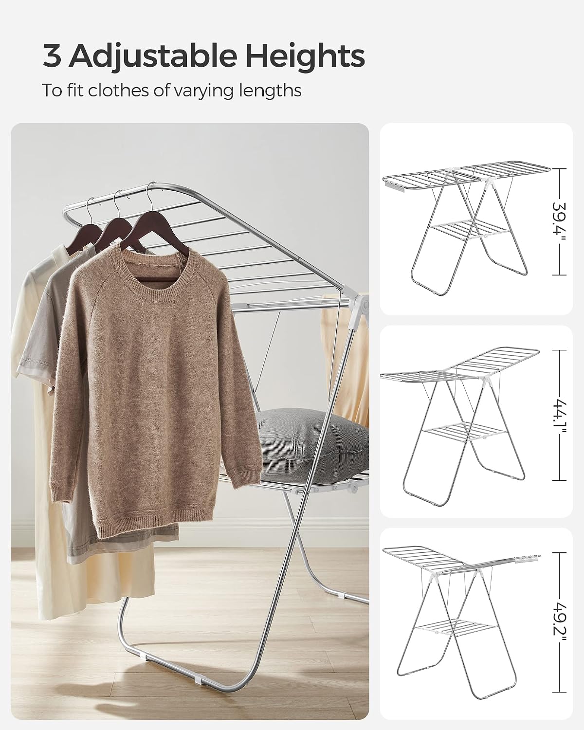 Clothes Drying Rack, with Sock Clips, Metal Laundry Rack, Foldable, Space-Saving, Free-Standing Airer, with 2