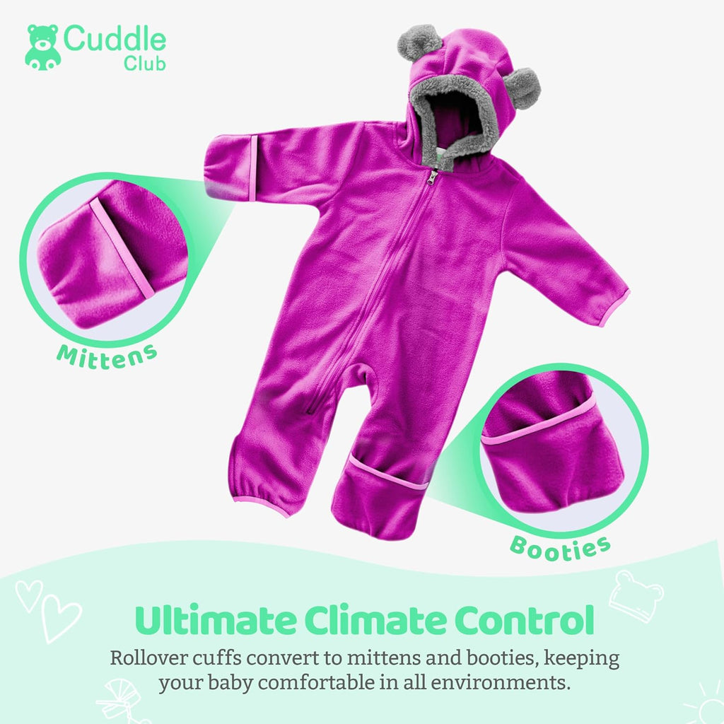 Fleece Baby Bunting Bodysuit with Hood, Convertible Mittens & Booties, Car Seat Friendly, Soft & Warm, Easy Zip