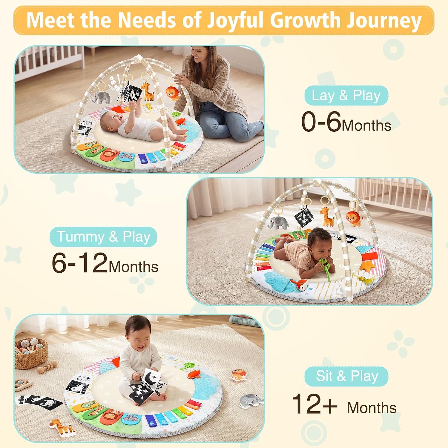 Tummy Time Mat - Comfortable Baby Floor Play Mat Activity Gym for 0-3-6-18 Months, 6 Developmental Zones with 5