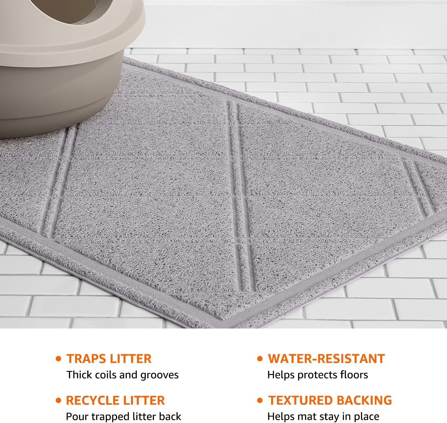 Less-Mess Litter Trapping Cat Litter Box Mat, Soft on Kitty Paws, Waterproof, Scatter Control, 24" x 35", Grey