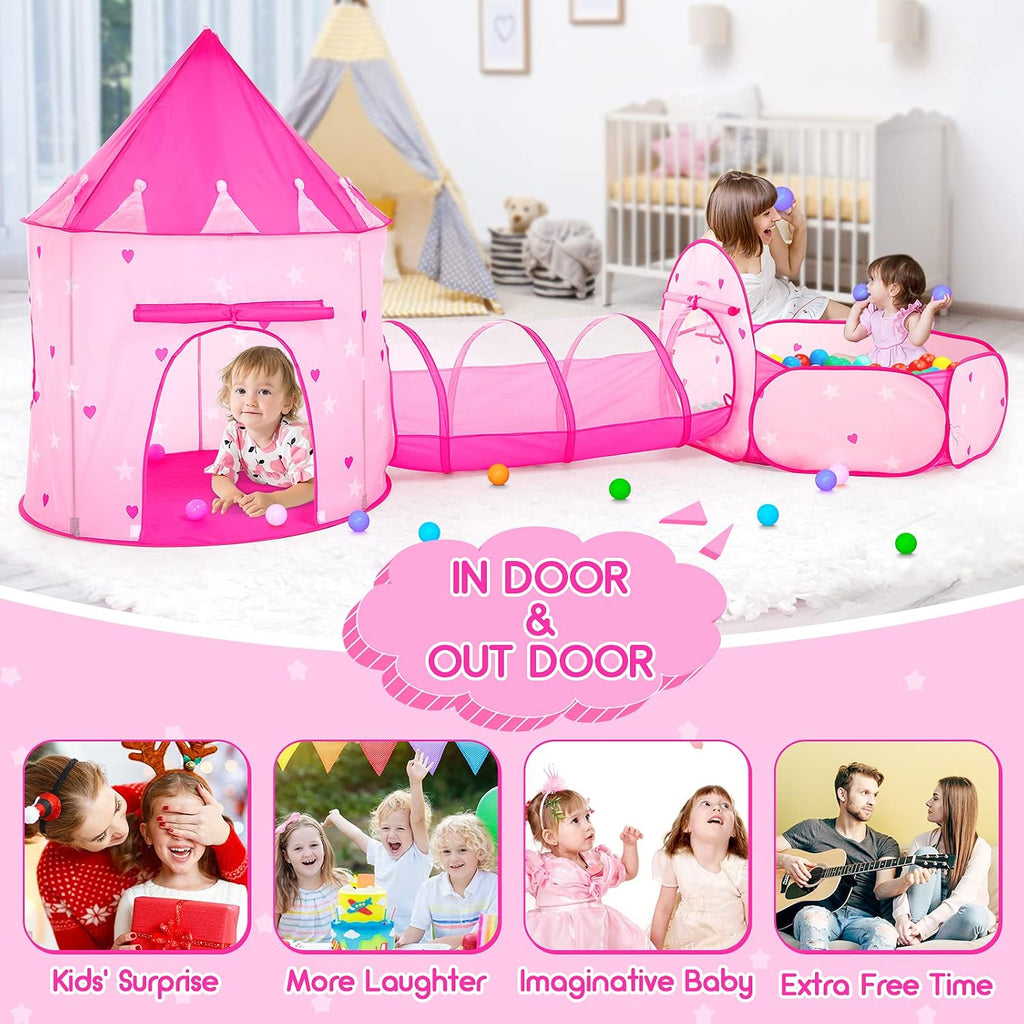 3pc Kids Play Tent for Girls with Ball Pit, Crawl Tunnel, Princess Tents for Toddlers, Baby Space World Playhouse