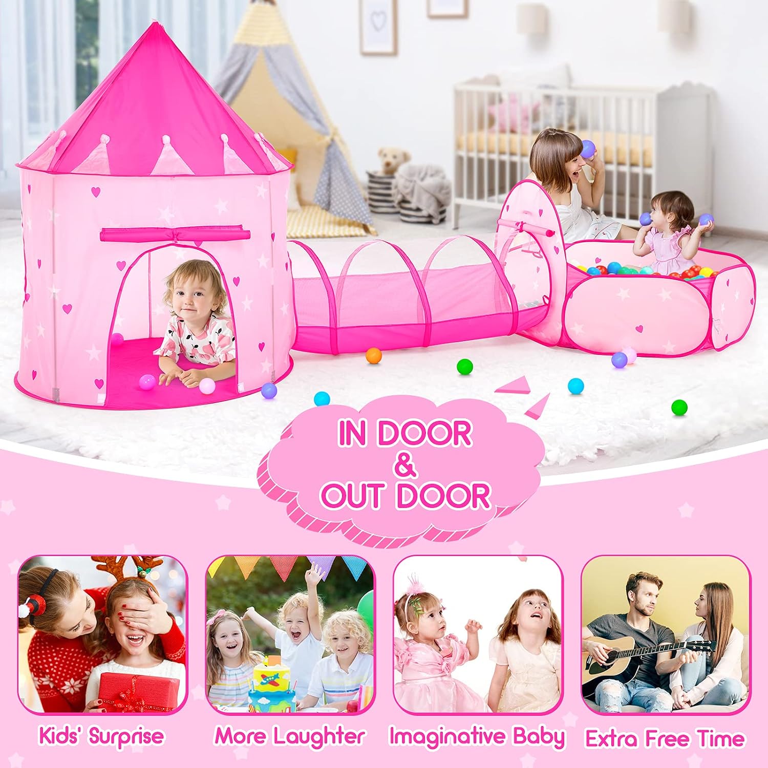3pc Kids Play Tent for Girls with Ball Pit, Crawl Tunnel, Princess Tents for Toddlers, Baby Space World Playhouse