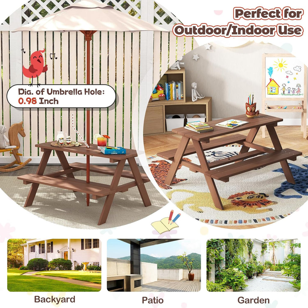 Kids Picnic Table, Toddler Outdoor Table & Bench Set, Wooden Children Patio Furniture with Folding Umbrella, Kids
