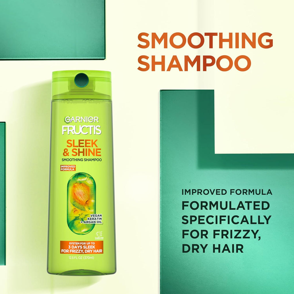 Fructis Sleek & Shine Shampoo, Conditioner + Leave-In Conditioer Set for Frizzy, Dry Hair, Plant Keratin + Argan Oil