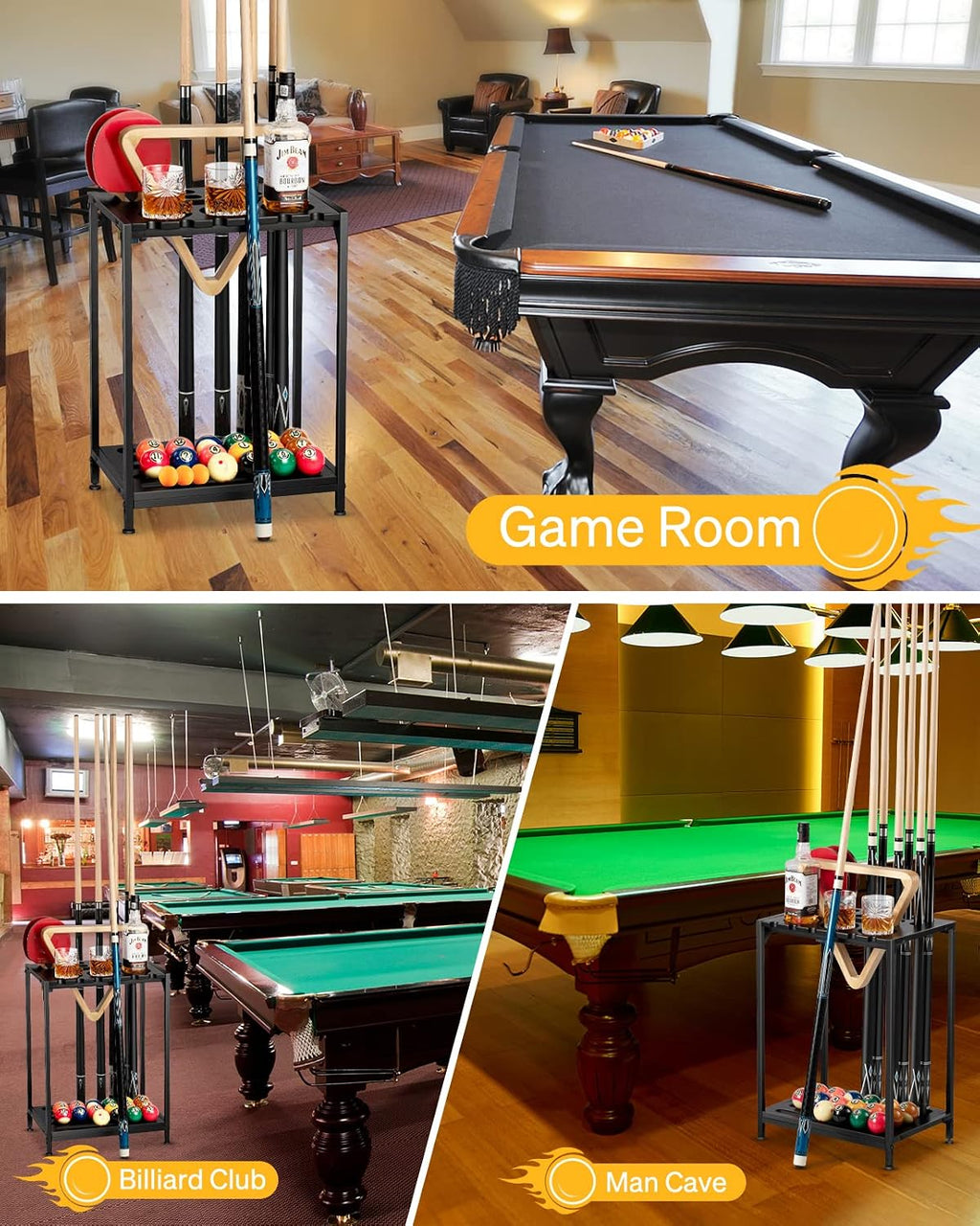 Pool Cue Rack Floor Stand, Metal & Wood, 12 Cues & Ping Pong, Black | Billiard stick holder and pool table