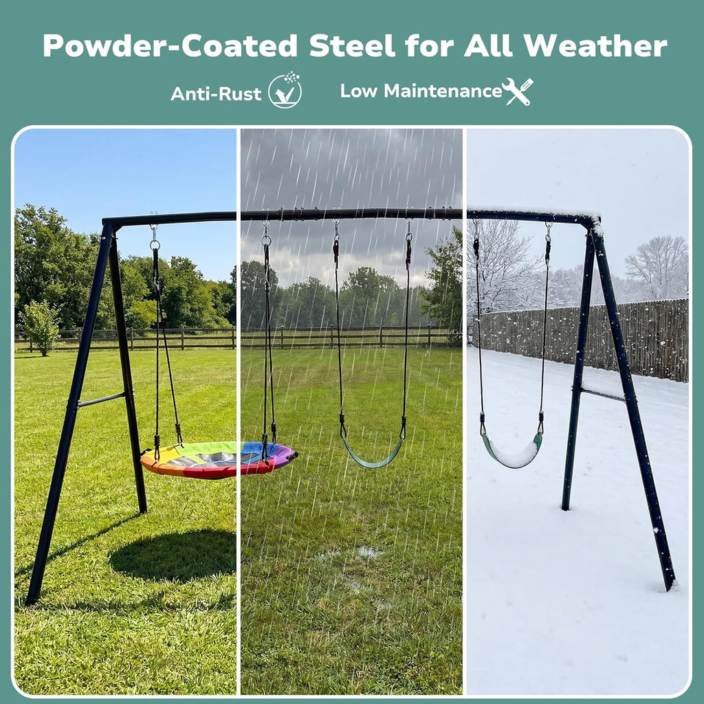 500lb Heavy Duty Metal Swing Sets for Backyard with Saucer Swing, Kids Triple Outdoor Swingset, Easy to Assemble