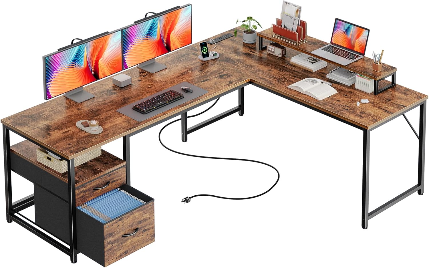 63 Inch L Shaped Desk with Power Outlets and USB-C Port, Computer Corner Home Office Desk with File Fabric Drawers