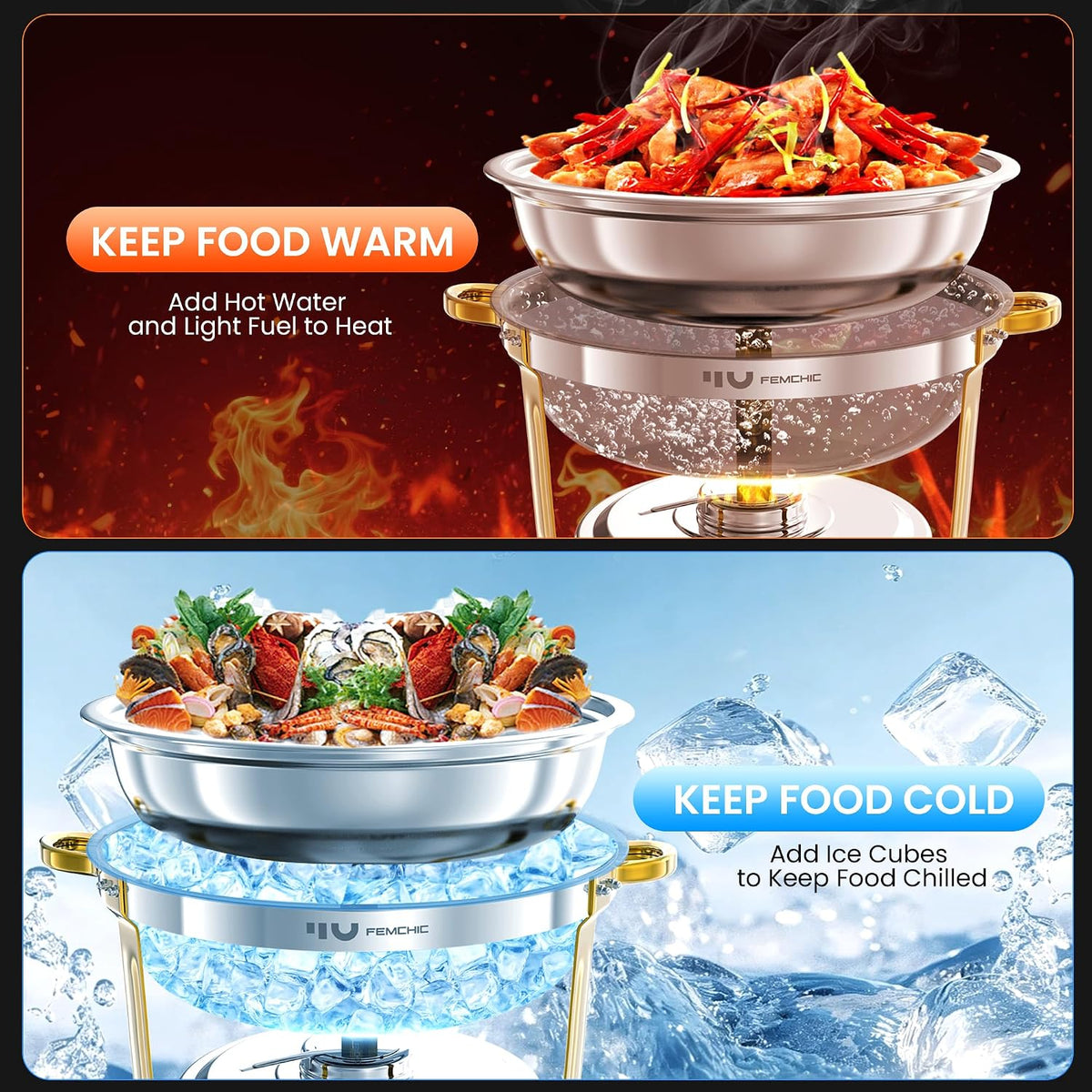 9QT Round Chafing Dishes for Buffet, 4 Pack Gold Chafer Set