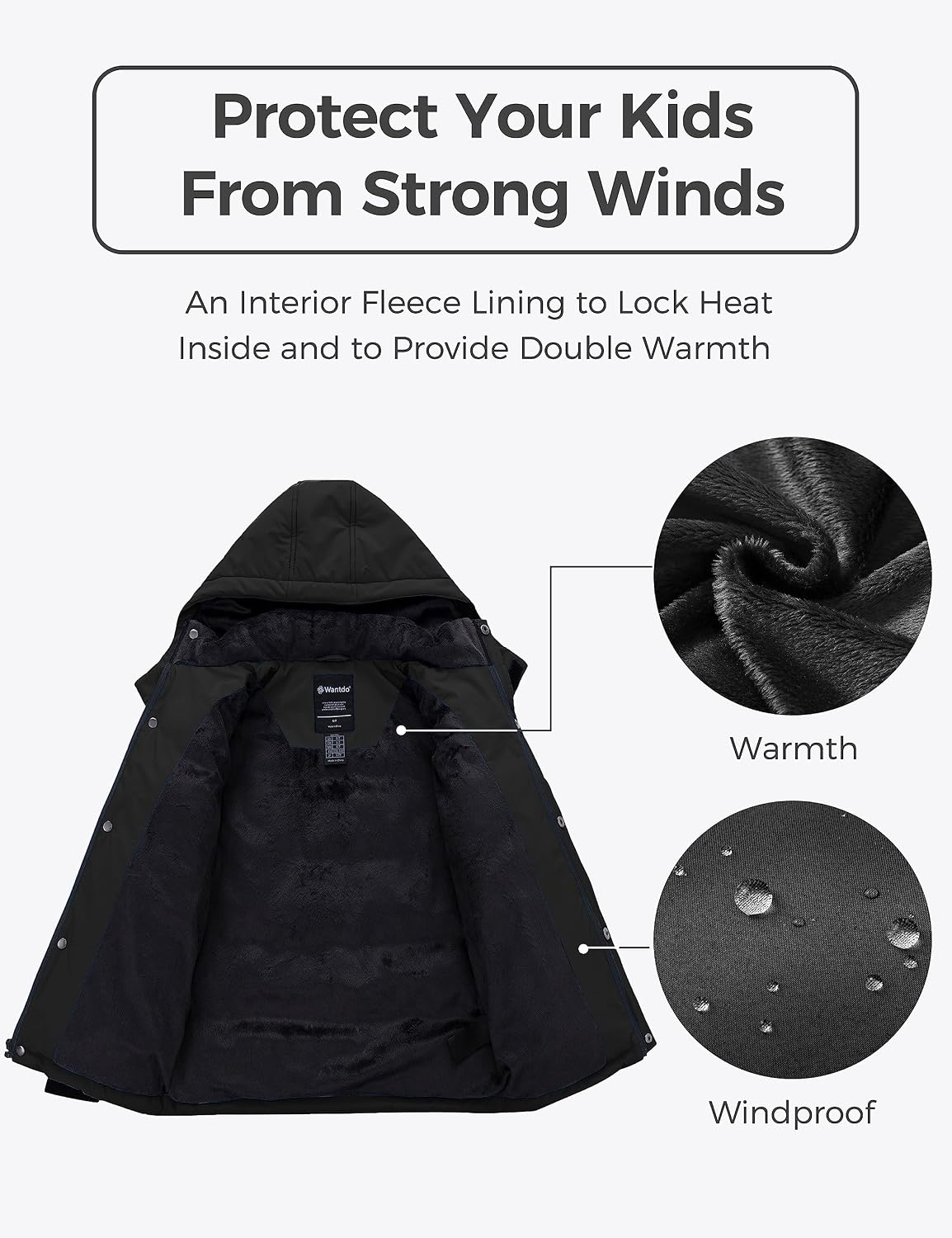 Boys Puffy Winter Coats Fleece-Lined Snow Jackets Removable Hood | Elastic Cuffs, Hook-and-Loop Collar, Windproof