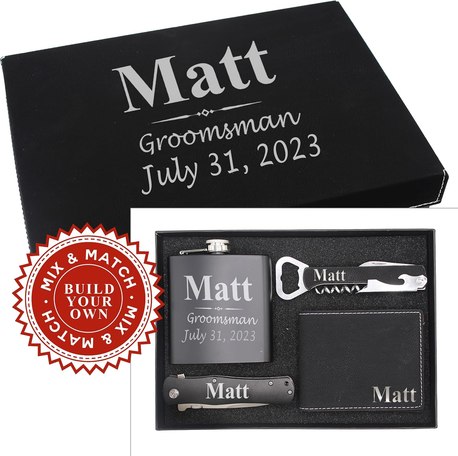 Custom Engraved and Personalized Groomsmen Box Set for Groomsman, Groom, Best Man - Monogrammed Wedding Party