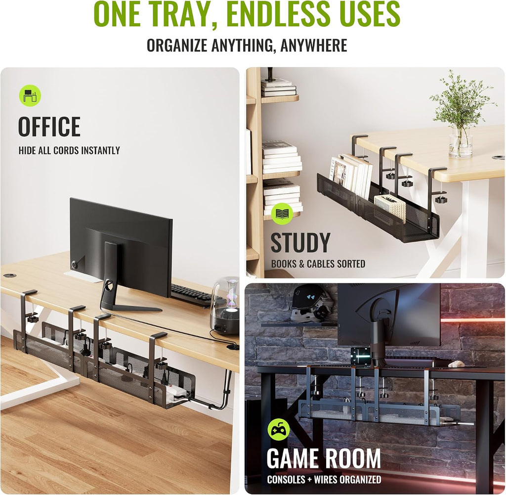 [Upgraded] 2 Pack Cable Management Under Desk Tray, Xpatee 27.6" No Drill Open Slots Cable Management Tray, Cord Wire