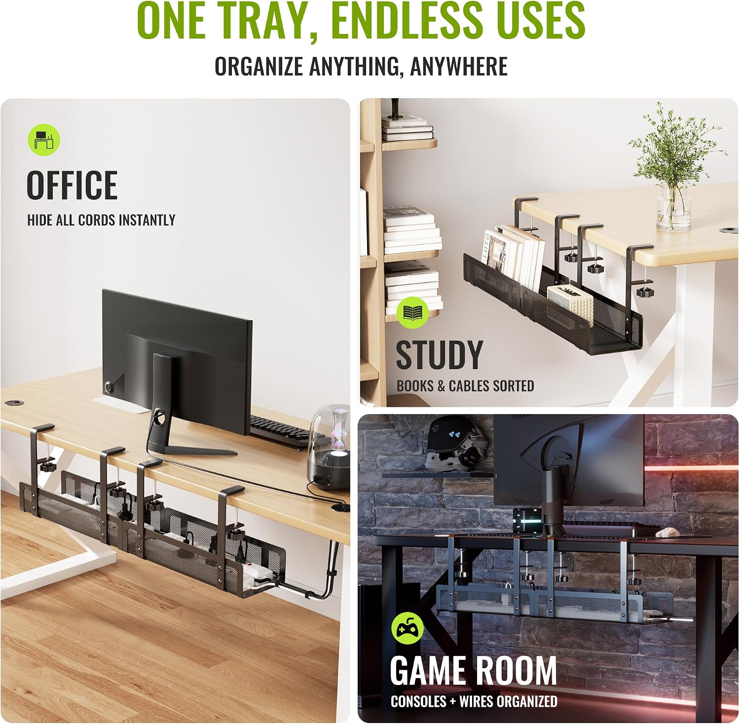 [Upgraded] 2 Pack Cable Management Under Desk Tray, Xpatee 27.6" No Drill Open Slots Cable Management Tray, Cord Wire