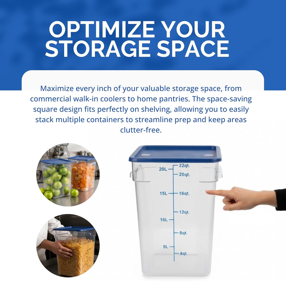 373-FCWL-22QT Food Container, 22 Qt Square Clear Storage Container with Measurement Markings, Stackable Space-Saving