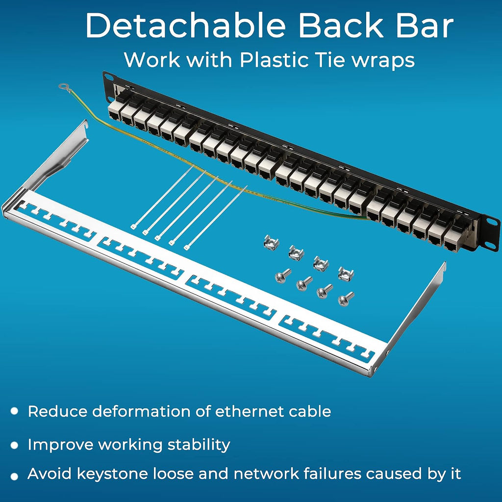 Patch Panel 24 Port Cat6A with Inline Keystone 10G Support, Coupler Patch Panel STP Shielded 19-Inch with Removable